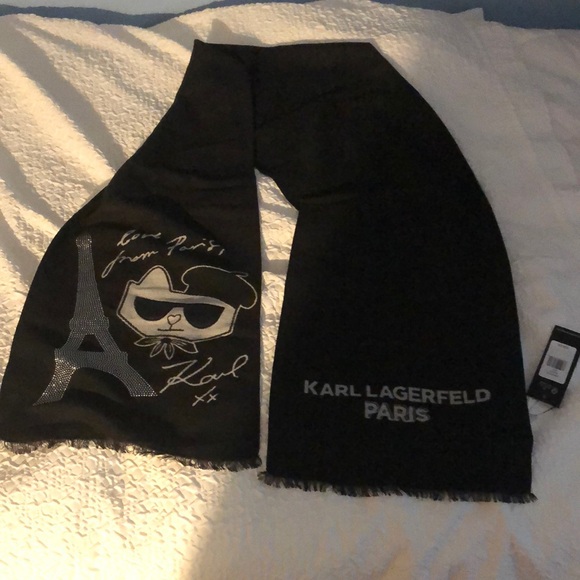 Karl Lagerfeld Black & Gray Rectangular Scarf Studded Eiffel Tower & Choupette - Picture 7 of 16